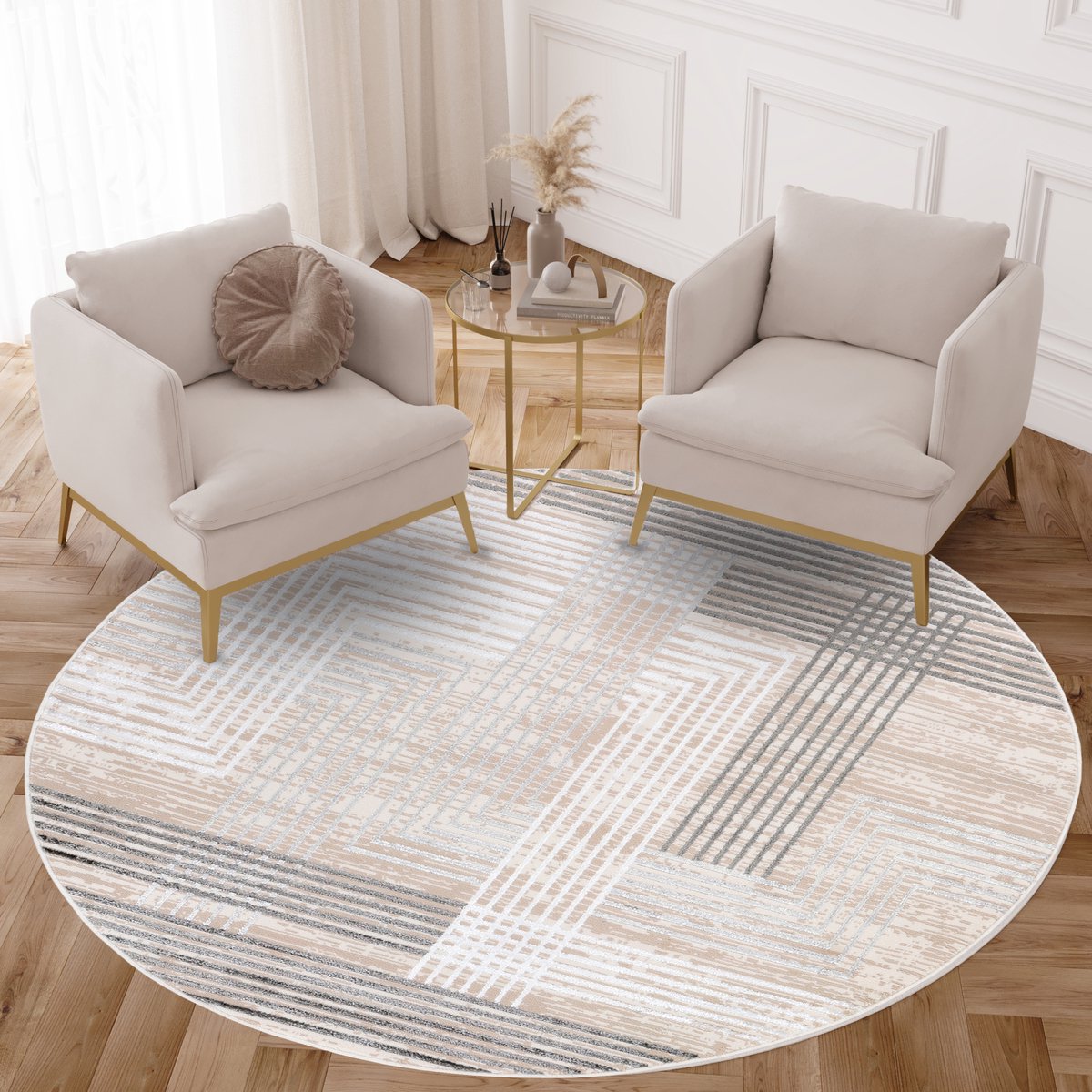 Tapiso Crystal Rond Vloerkleed Beige Grijs Lijnen Laagpolig Woonkamer Tapijt Maat- 160x160