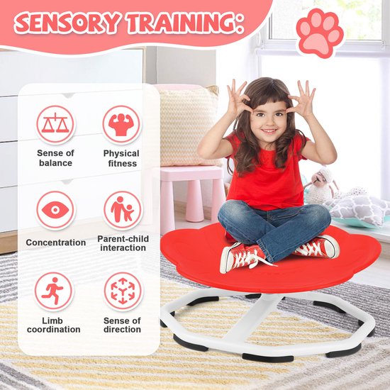 Chaise rotative sensorielle pour enfants, chaise rotative pour enfants 360°, carrousel, autisme, chaise pour enfants avec base métallique antidérapante, chaise carrousel pour l'intérieur pour les tout-petits à partir de 3 ans (rouge)
