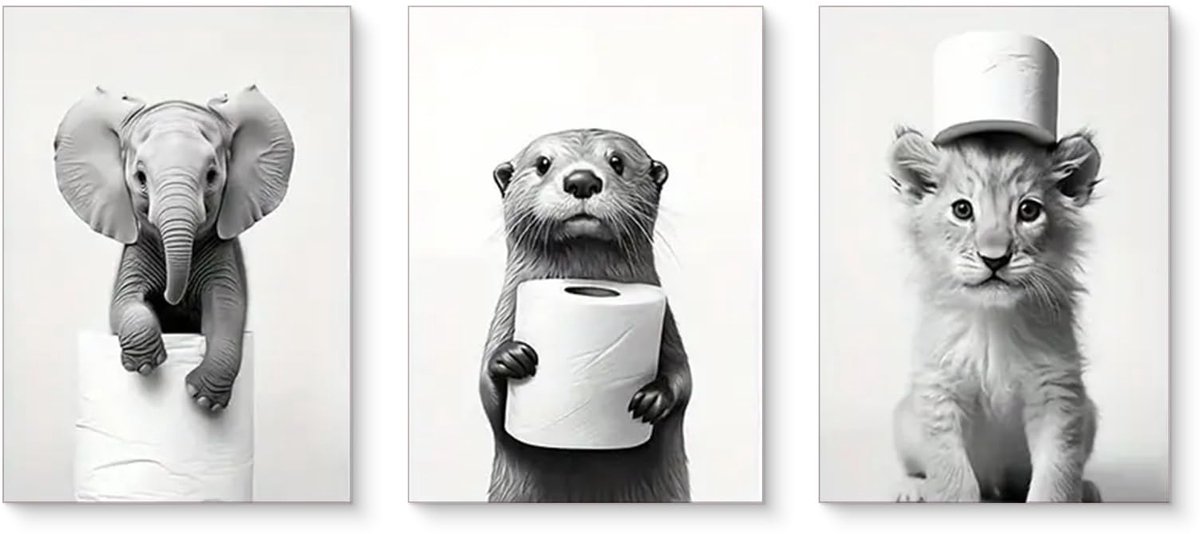 Unyqoos Set van drie grappige zwart-wit posters voor badkamer en toilet decoratie dieren
