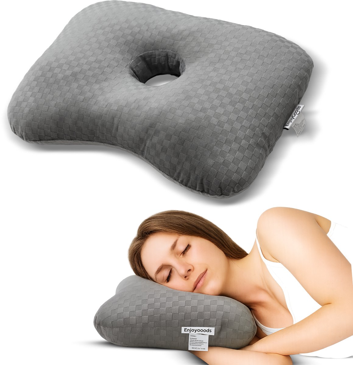 EnjoyGoods® Oorkussen met Middengat – Orthopedisch Kussen voor Zijslapers – Drukverlagend Donut Kussen voor Gevoelige Oren & Piercings – Nekondersteunend & Verstelbaar – Pijnverlichtend Hoofdkussen – Grijs
