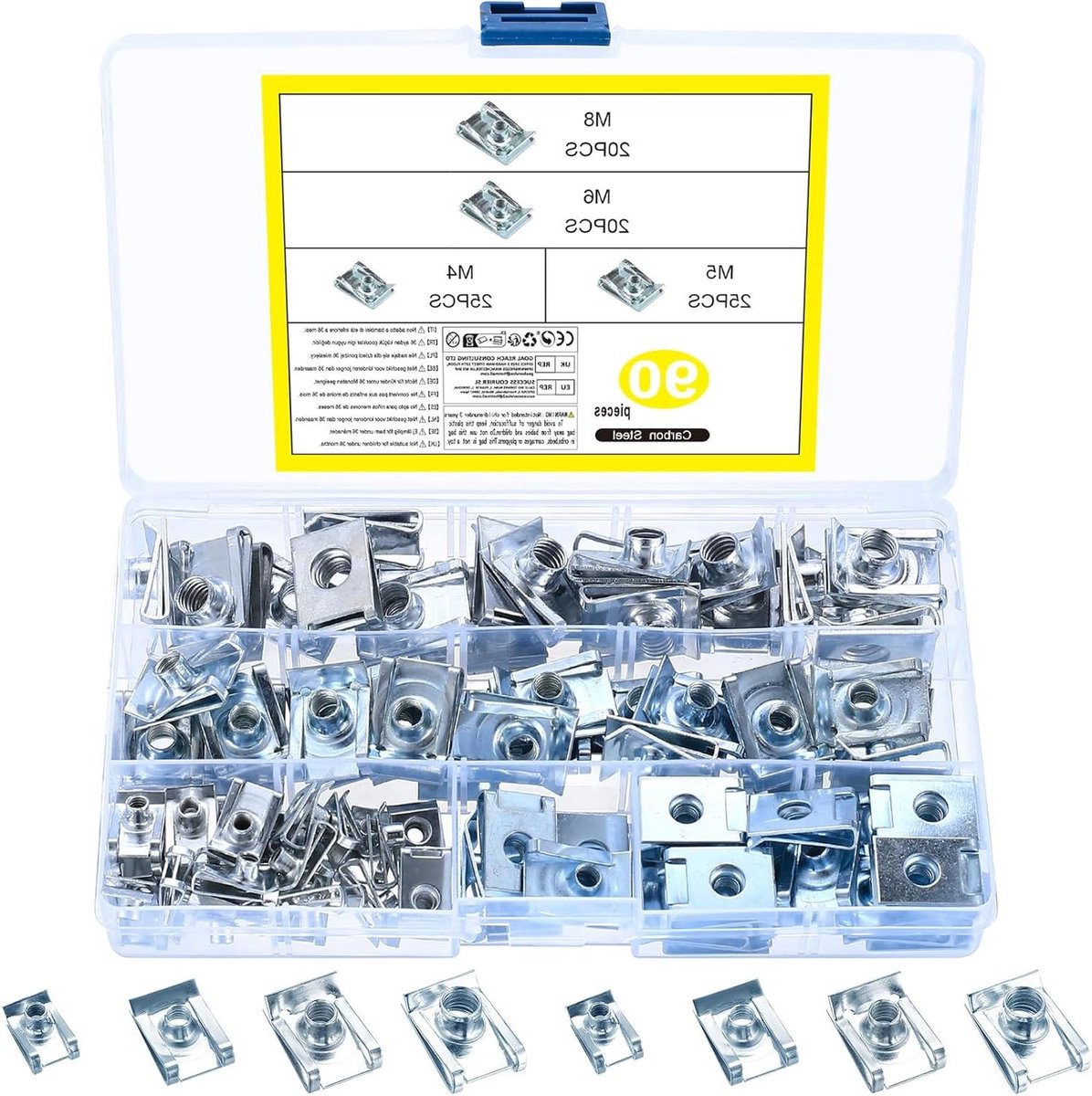 Provento - U-type plaatmoeren met schroefdraad clipmoer kit voor auto carrosserieschroeven - 90 stuks - M4 M5 M6 M8 - bevestiging clips metaal