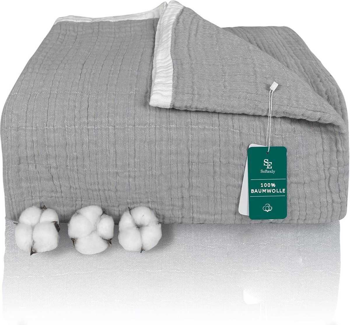 Luxe Katoenen Plaid 150x200 cm - 4-Laags Zachte Deken voor Alle Seizoenen - Grijs Bed- en Sofa Dekbed