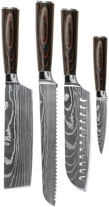Shinrai Knives - Damascus Print 4-delige Messenset - Santoku + Broodmes + Nakiri + Schilmes - Koksmes - Vleesmes - Hakmes - Broodmes