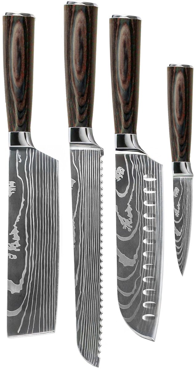 Shinrai Knives - Damascus Print 4-delige Messenset - Santoku + Broodmes + Nakiri + Schilmes - Koksmes - Vleesmes - Hakmes - Broodmes