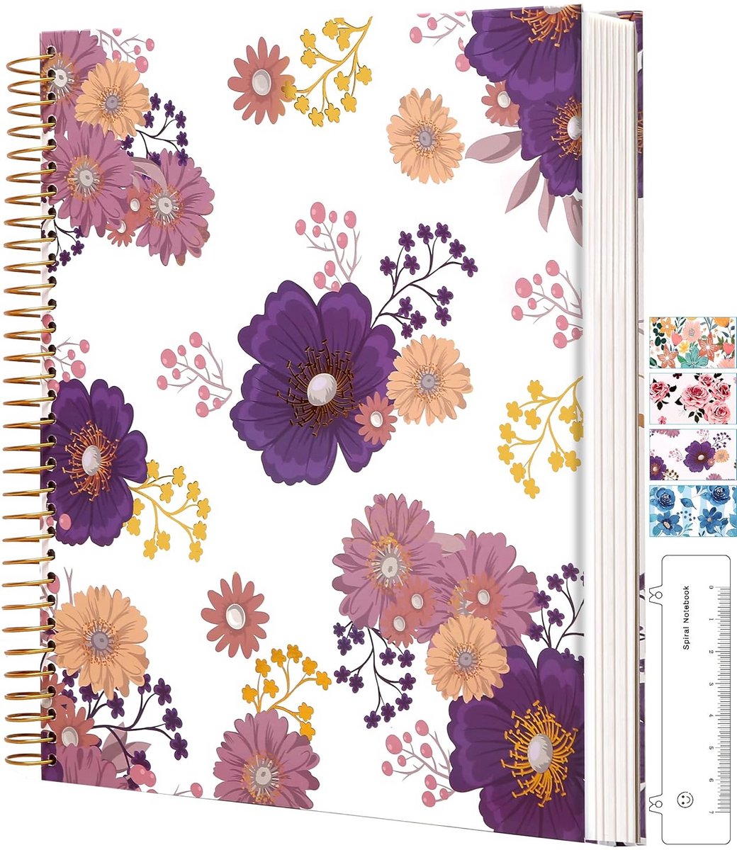 Hardcover spiraal dagboek 8,5 x 11 inch, 200 pagina's met zakken, bloemenprint, paars