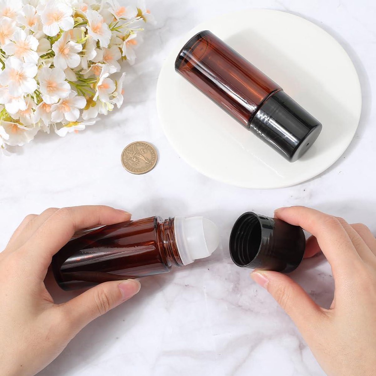Ronte - Roller flessen voor essentiële olie en deodorant, 50 ml, glazen flesjes met plastic deksel voor reizen - Geur, cosmetica, parfum