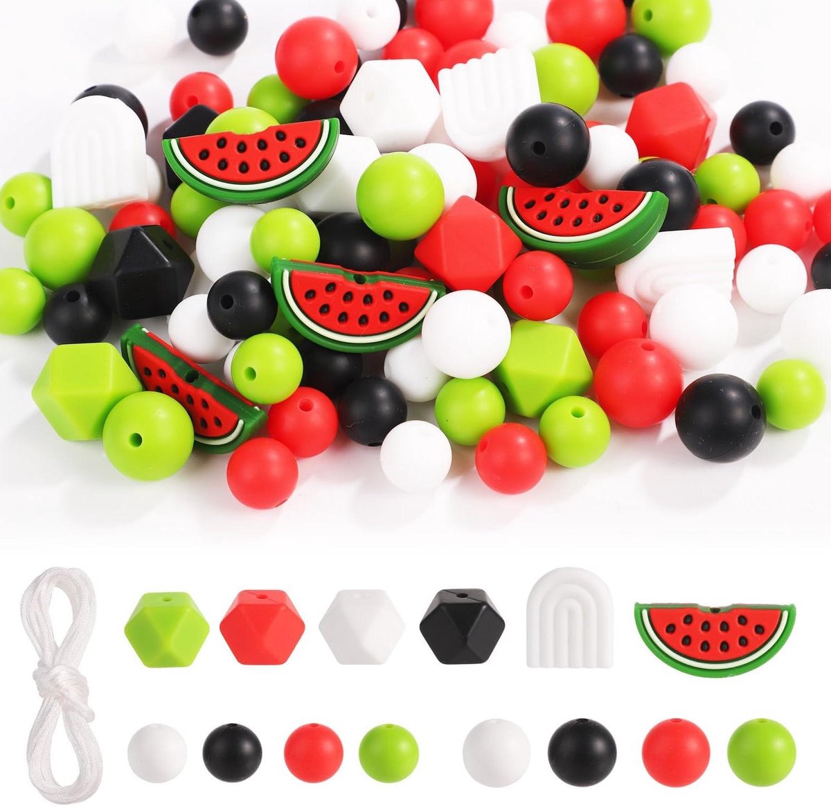 Ronte - Watermeloen Siliconen Kralen 100 Stuks, Zomer Veelkleurig Ronde en Zeshoekige Afstandskralen met Nylon Touw voor Knutselen, Sleutelhangers, Armbanden, Kettingen