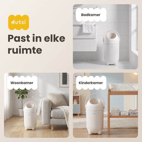 Collage van een witte luieremmer in verschillende ruimtes: badkamer, woonkamer en kinderkamer. "Past in elke ruimte".