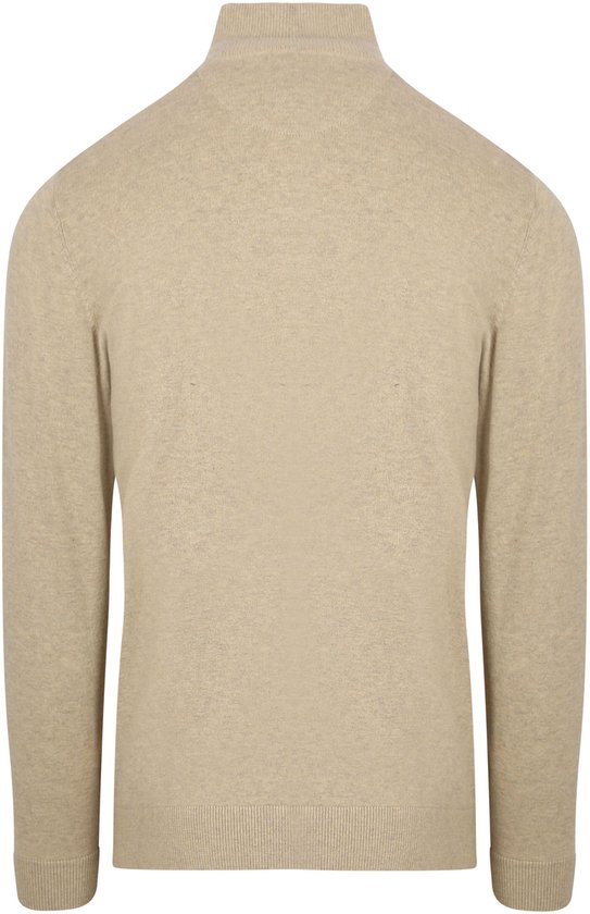 Achterkant van de beige trui met ritssluiting.