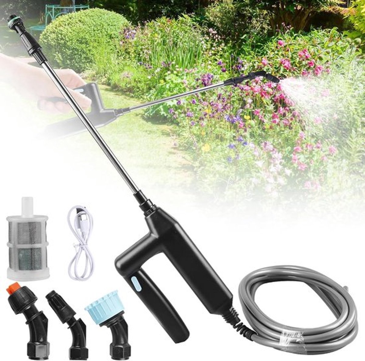Oplaadbare elektrische plantensproeier met telescopische steel, 5 meter slang en 3 sproeistanden voor eenvoudig en efficiënt besproeien van tuin en erf