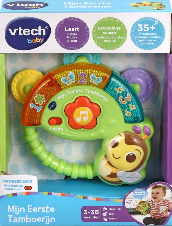 VTech Mijn Eerste Tamboerijn in verpakking, met bijengezicht en regenboog. Baby speelt er ook mee.