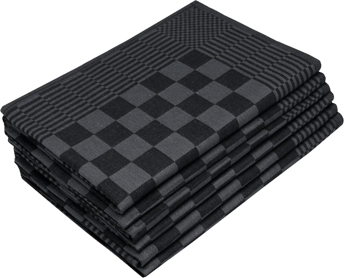 Famanu - Set van 6 zwarte theedoeken 65x65 cm, 100% katoen, 236 g/m²