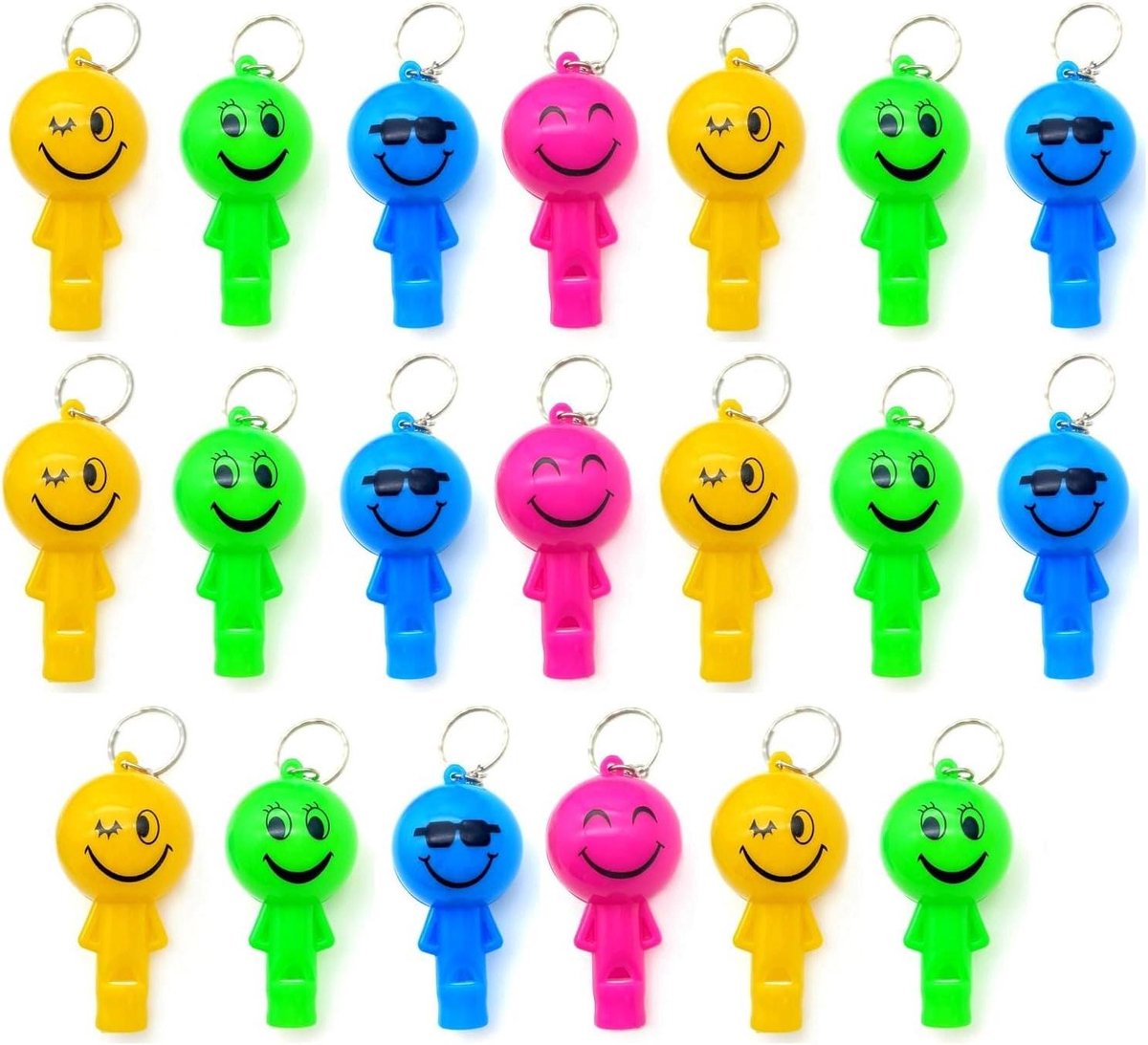 Ronte - Sleutelhanger met LED gloeiend fluitje, kleurrijk en oplichtend, 20x Emoticon Emoji, ideaal als feestgunst, speelgoed voor kinderen, feestzakvullers.