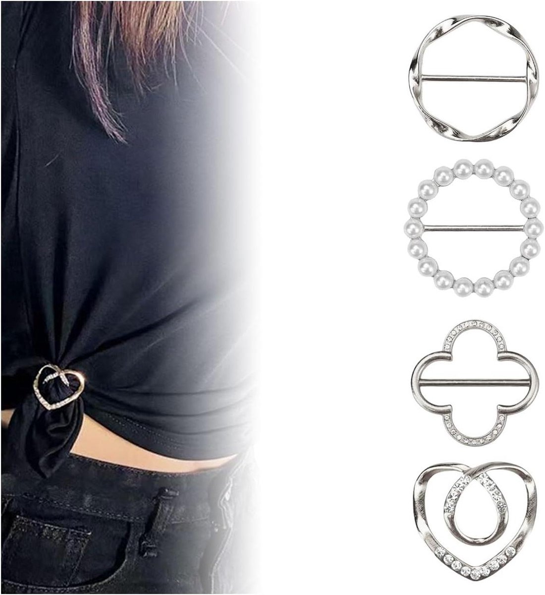 Ronte - Metalen T-shirt clip met strass gesp voor dames (4 stuks) - Sjaal ring - Kleding knoop - Metalen cirkel clip spelden - Zilver - Maat L.