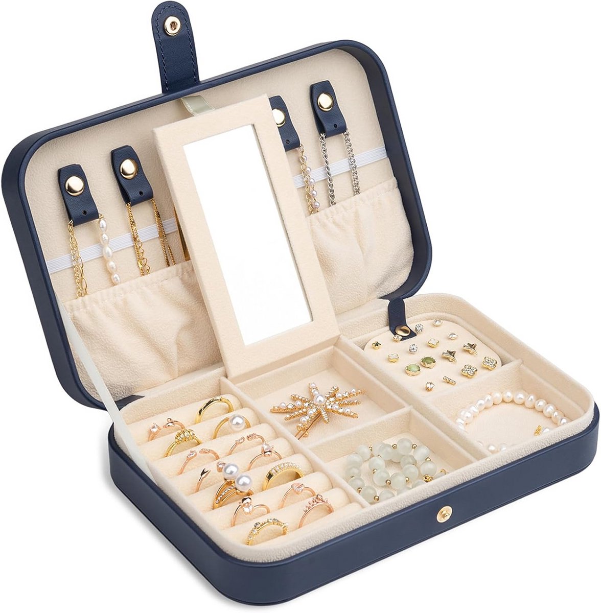 Reisdoosje voor sieraden, PU-leer, compact sieradenetui voor ringen, oorbellen, halskettingen, armbanden en horloges, marineblauw