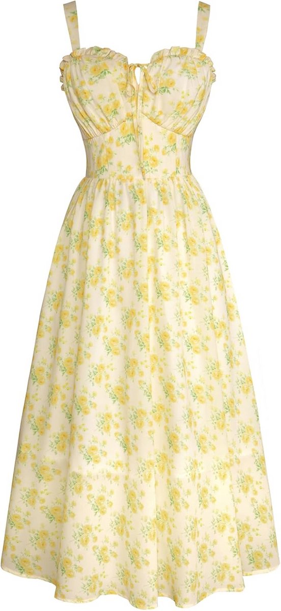 Zomerjurk Dames – Victoriaanse A-lijn Jurk met Spaghettibandjes, Bloemenprint, Mouwloos, Middellange Jurk voor Strand en Feest