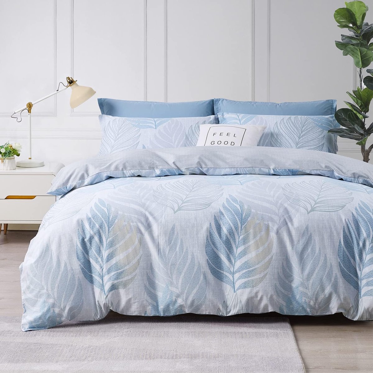 Unyqoos Tweepersoons katoenen beddengoedset met bladerenpatroon en ritssluiting blauw