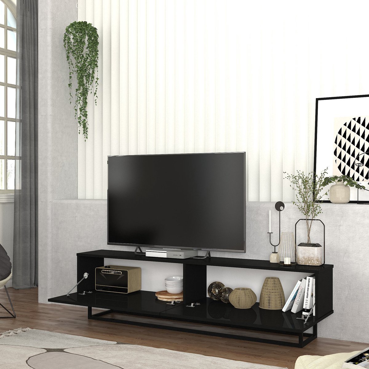 Tv-meubel Nolven kort frame 180x32x47 cm zwart [en.casa]