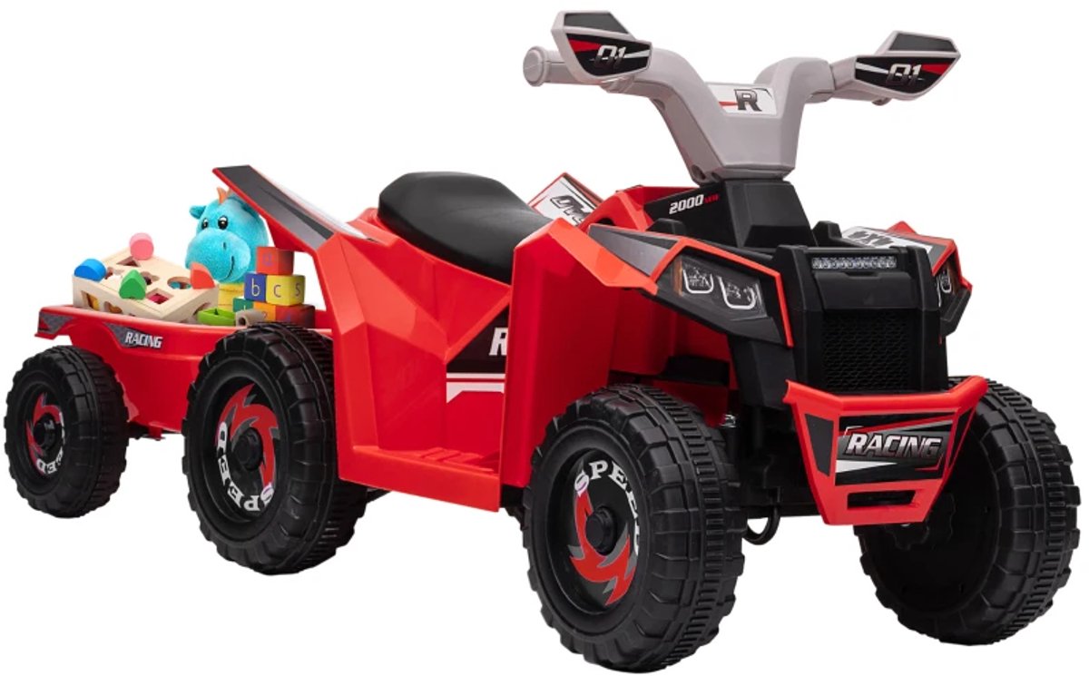 Elektrische Kinderquad met Aanhanger - Voertuig met 4 Wielen - 6V - tot 2,5 km/u - Kinderen 1,5-3 jaar - 50 minuten Rijtijd - voor Kinderen - Kindervoertuig - Accuvoertuigen - Rood