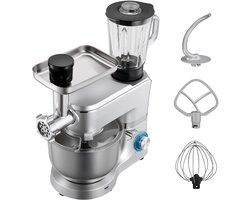 6 L Elektrische Keukenmixer met Een Vermogen van 1500 W, Kantelbaar Ontwerp, 6+P Snelheden, Inclusief 1,5 L Blenderbeker, Roestvrijstalen Kom, Deeghaak, Garde en Klopper voor Bakken en Mixen, Zilver