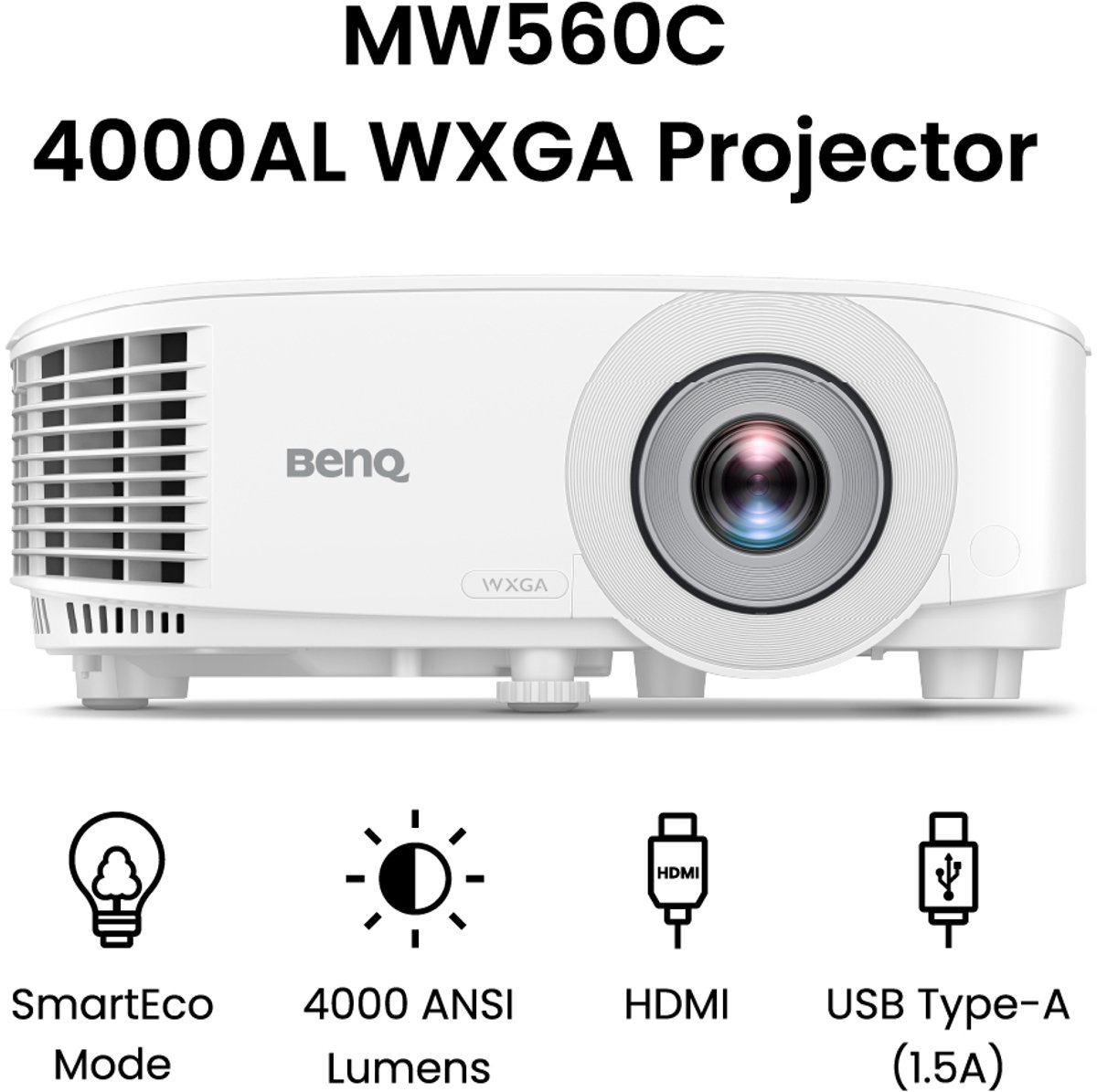 BenQ Beamer MW560C - Projector - 4000 ANSI lumen - DLP WXGA 1280x800 - Voor kantoor of thuis - SmartEco energiebesparing - 3D Projecties - 30-bit kleurdiepte - Wit