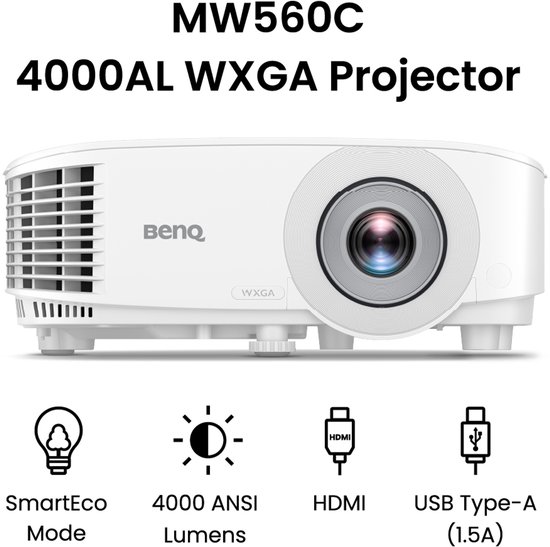BenQ Beamer MW560C - Projector - 4000 ANSI lumen - DLP WXGA 1280x800 - Voor kantoor of thuis - SmartEco energiebesparing - 3D Projecties - 30-bit kleurdiepte - Wit