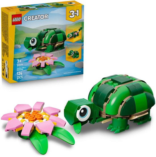 LEGO Creator 3-in-1 Schildpad met Waterlelie set: schildpad, roze bloem en de verpakking met alternatieve modellen.