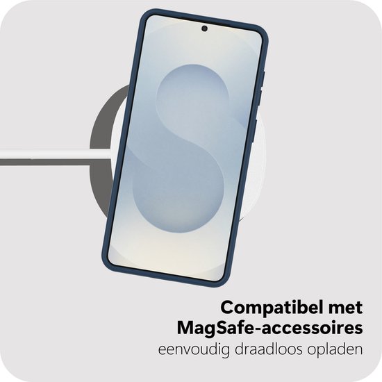Donkerblauw telefoonhoesje compatibel met MagSafe-accessoires, met draadloos oplaadicoon.