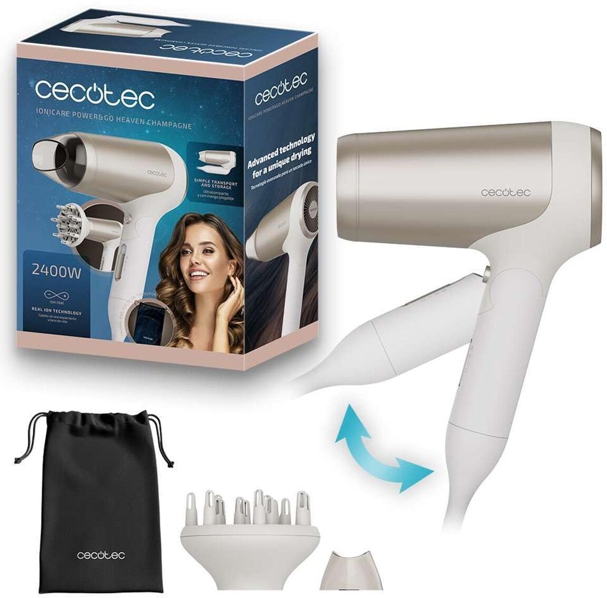 Cecotec Föhn IoniCare Power&Go Heaven 2400W Champagne Opvouwbaar Ionische Diffuser