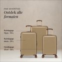 Drie koffers in verschillende maten: handbagage (55cm-33L), ruimbagage (66cm-59L) en ruimbagage (76cm-94L).