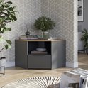 Antracietgrijze hoekkast met een houten bovenblad, met een plant, boeken en decoraties. Een deel van een woonkamer is zichtbaar.