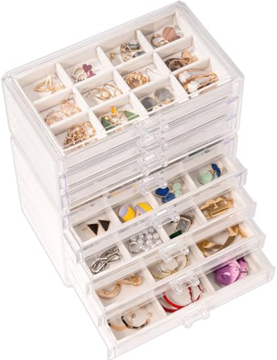 Acrylaat Oorringen Organizer - Decoratieve Sierraden Bewaarbox met 10 Lades en Aanpasbare Schalen