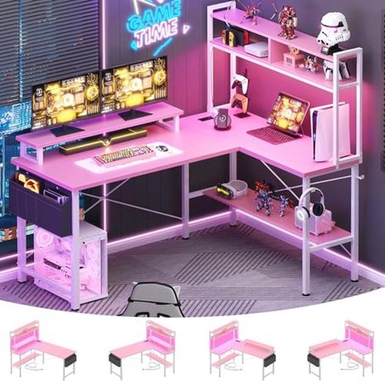 L-vormig bureau met opslag, hoekgamingbureau, omkeerbaar 47 inch bureau voor gaming, computerbureau voor thuiskantoor, gaming, werkstudie, ruimte besparen