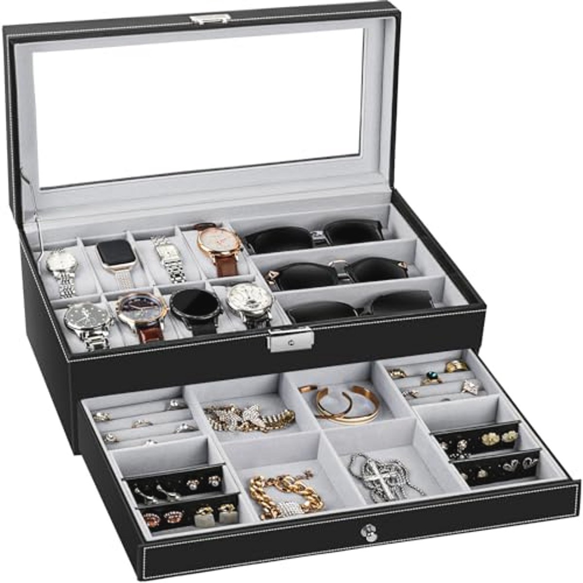 Horloge Box met Glas Top en PU Leder voor Mannen en Vrouwen - Organizer voor Sieraden, Oorbellen en Zonnebrillen