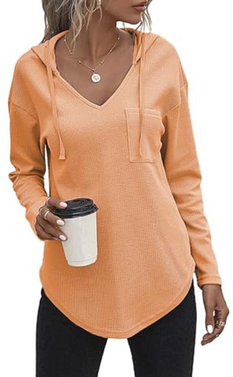 Dames Pullover Hoodie met Lange Mouwen en V-hals - Effen Sweatshirt met Trekkoord