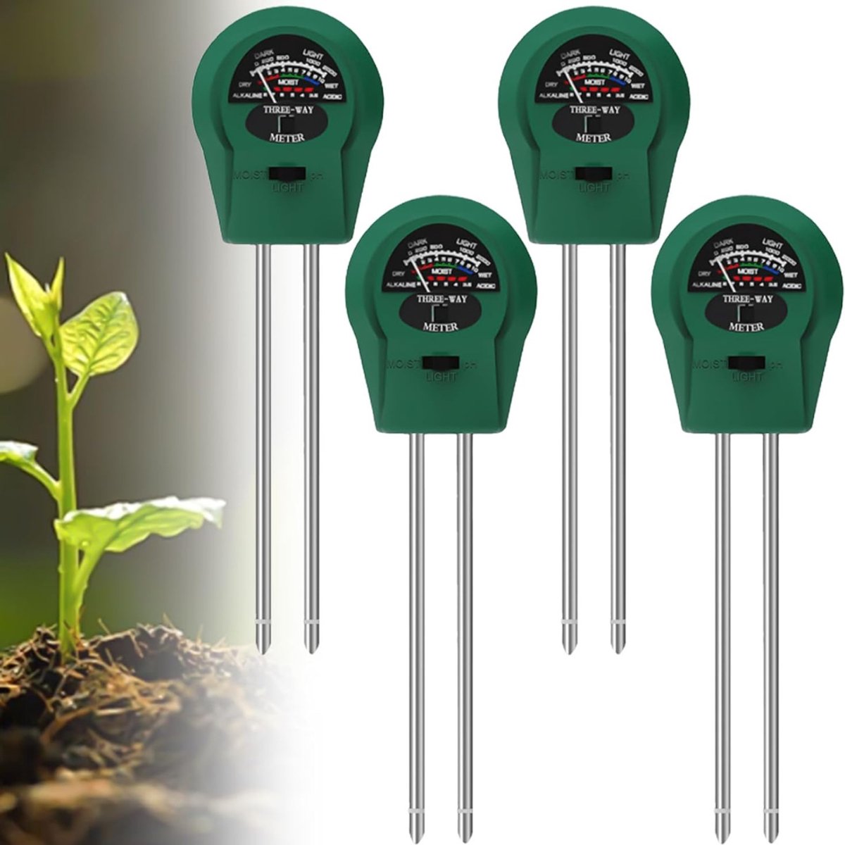 ZRSS® Watermeter voor Kamerplanten - Vochtmeter voor Planten - 3-in-1 Met PH/Temperatuur/Licht - 4 Stuks