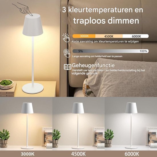GELLDG Draadloze LED-bureaulamp - Met oplaadbare batterij - Touchbediening - 3 kleurtemperaturen - Traploos dimmen - USB-C oplaadbare touchlamp - Geschikt voor buiten, nachtkastjes, eettafels, kamperen - Wit van GelldG — afbeelding 3