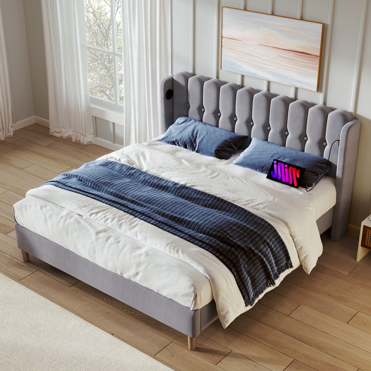 Wishdor Gestoffeerd Bed - Met USB- En Type-C-Laadpoorten - Linnen - Grijs - 140 x 200 cm