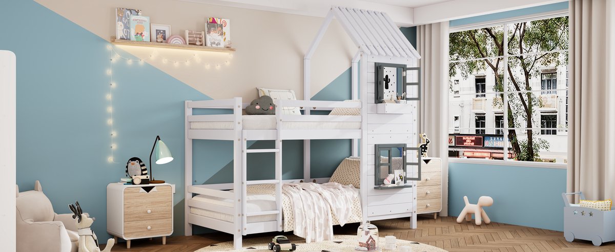 Wishdor Huis Stapelbed 90x200 cm - Ramen & Leuning - Opberglade & Plank - Wit/Grijs Hout - EN747 - Modern & Knus