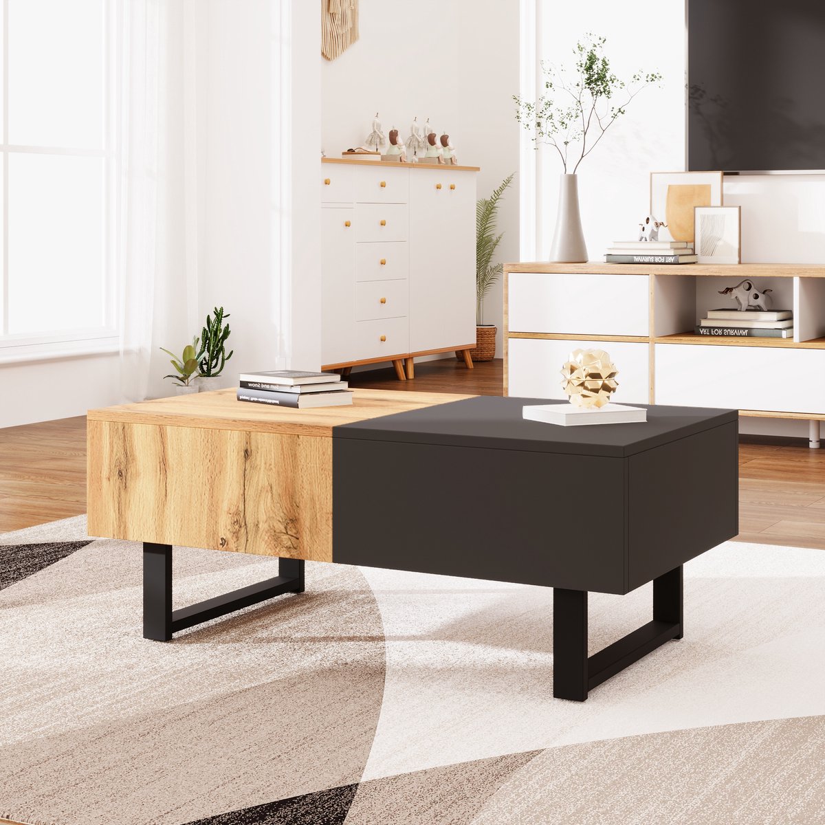 Wishdor verschuifbare salontafel 100×40×55 cm (uitgeschoven 155×40×55 cm) — verborgen opbergruimte, spanplaat met metalen frame, naturel/anthraciet Natuurlijk