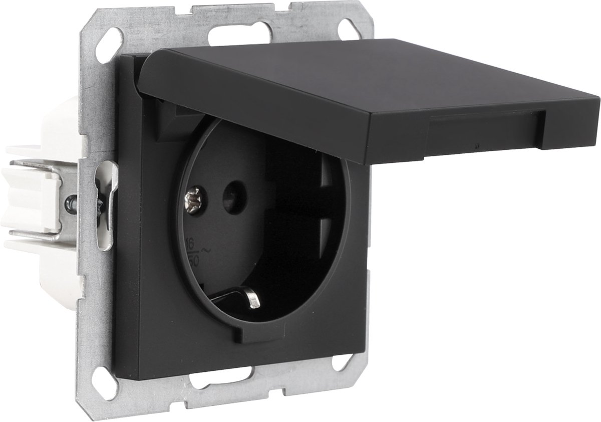Q-Link S-Line contactdoos - inbouw - 1-voudig - randaarde - met klep - mat zwart