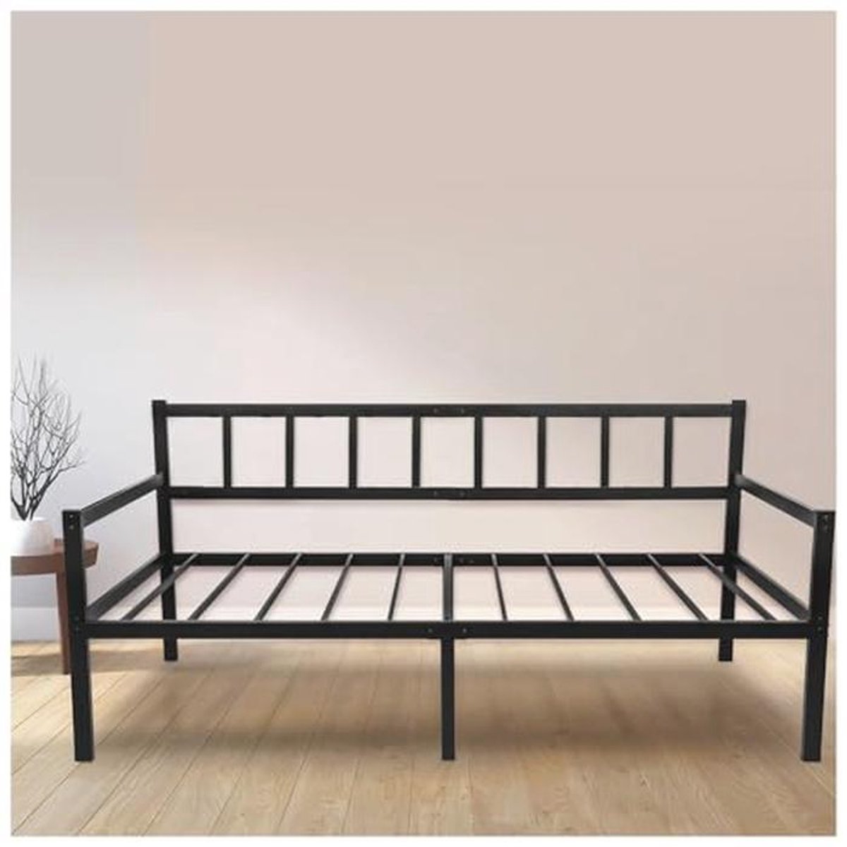 2 in 1 slaapbank met zwart metalen frame | Eenpersoonsbed met boxspring en opbergruimte | 92x212x36 cm