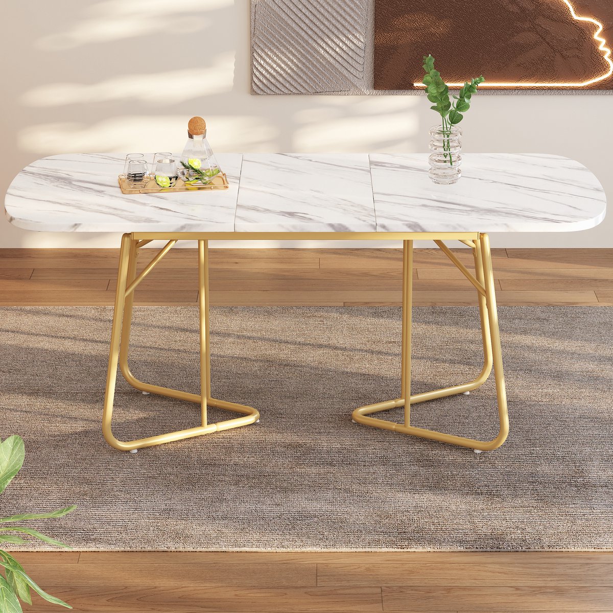 Wishdor Eettafel, uitschuifbaar, marmerprint MDF-blad met gouden metalen poten, modern minimalistisch design