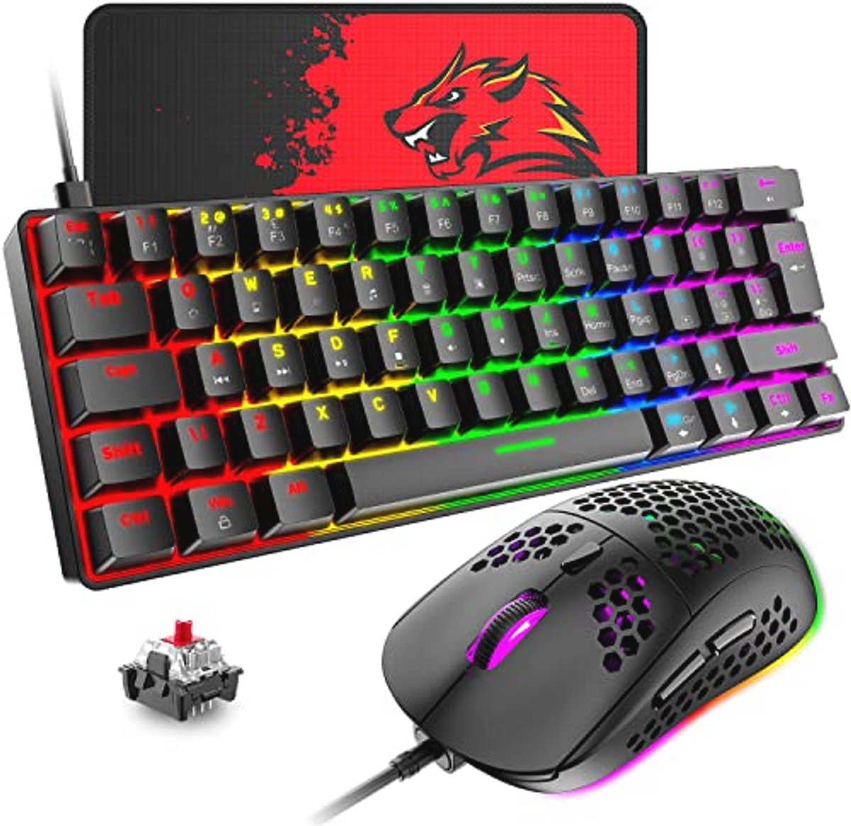 Compact Mechanisch Gamingtoetsenbord en Muis Set met Regenboog LED