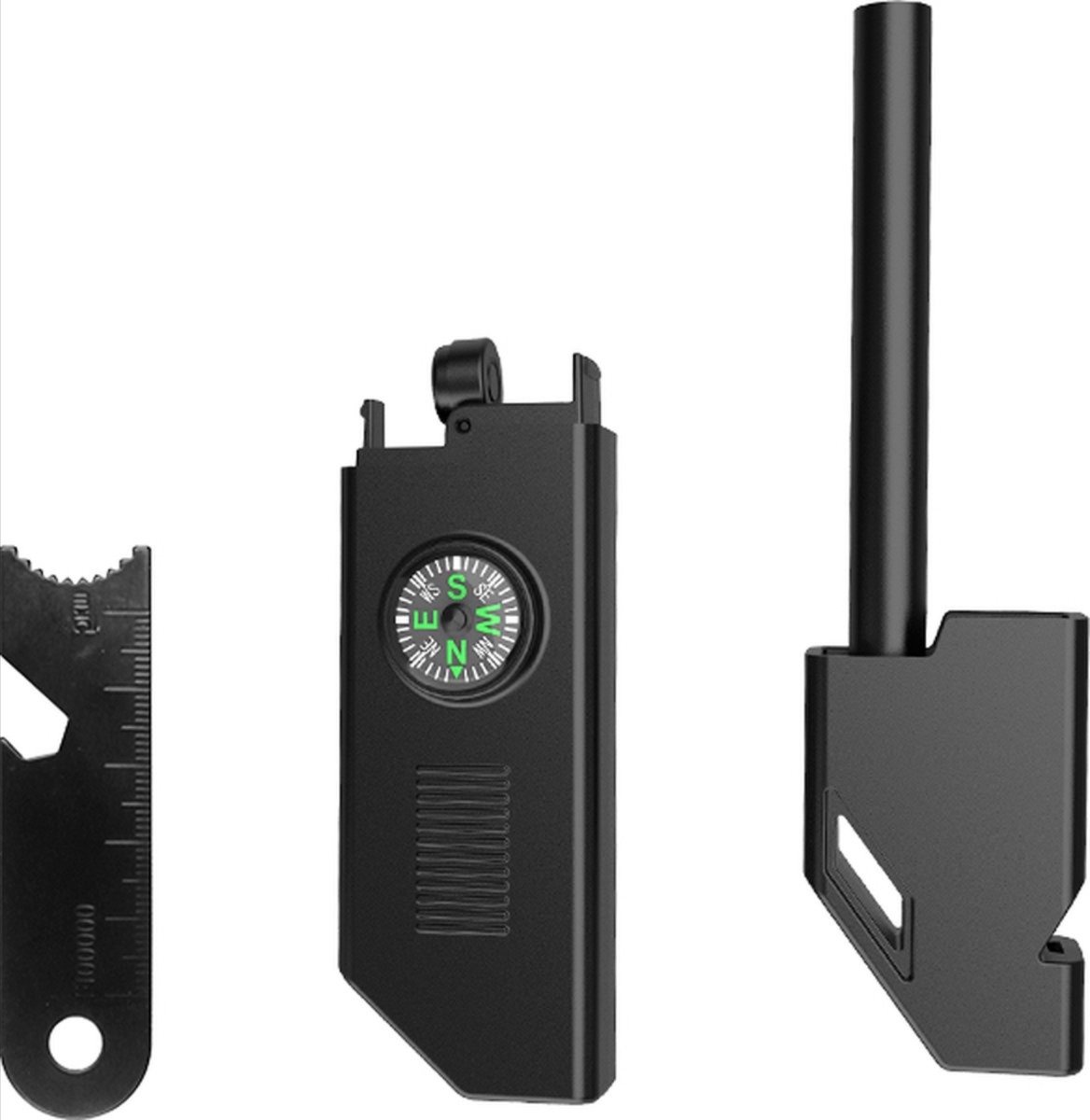 Ulanax - Zwarte Multitool - Gadgets voor Vuursteen en Strijker - Vuurstarter met Magnesium Stick - Vaderdag Cadeau - Survival Kit met Noodpakket - 6-in-1 Survival Tool - Kompas, Noodfluit, Opbergvakje, Opmeetstuk en Flessenopener