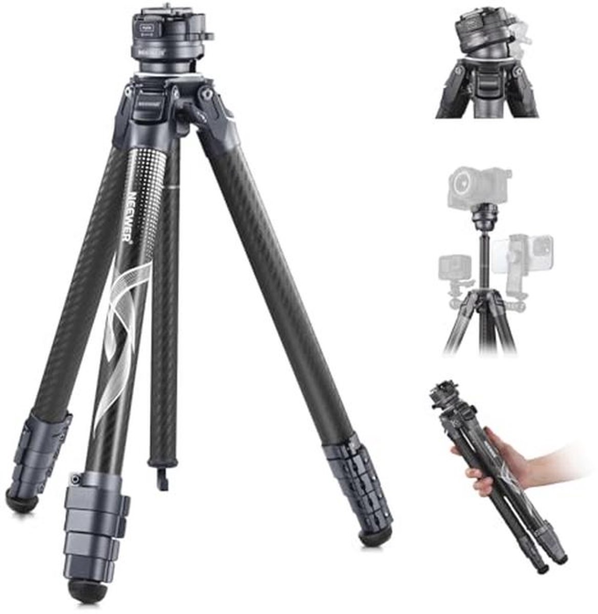 Reisstatief 62" van koolstofvezel met 360° panoramakop en snelle nivelleerfunctie