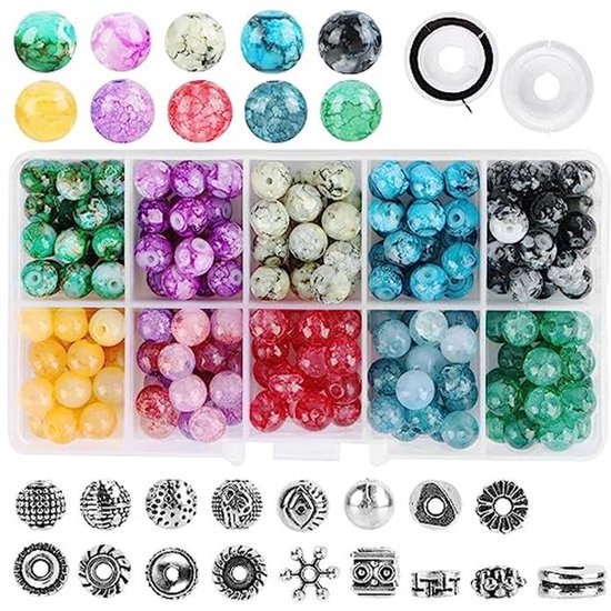 Crackle kralen tweekleurige acryl (8 mm) set 15 vakjes met bedels