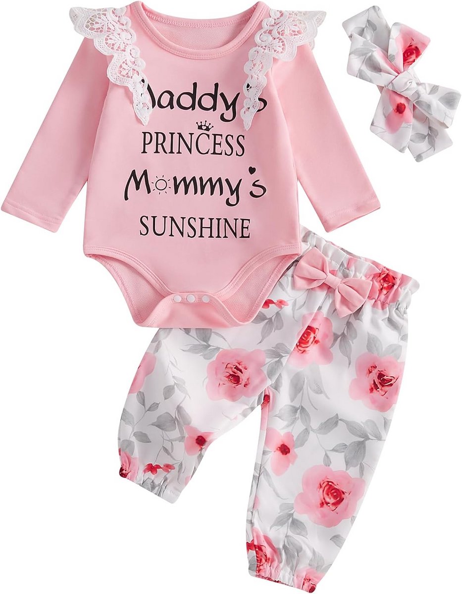 Set van 3-delige Baby Meisjes Romper en Bloemenbroek met Strik Hoofdband