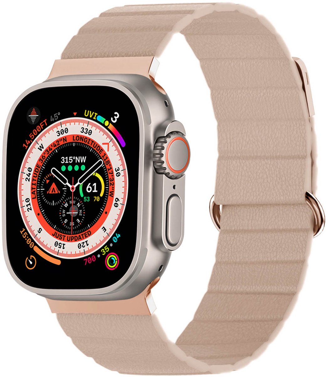 iMoshion Bandje Geschikt voor Apple Watch Bandje Series 1 / 2 / 3 / 4 / 5 / 6 / 7 / 8 / 9 / SE / Ultra (2) - 42 / 44 / 45 / 49 mm - iMoshion Magnetisch lederen band - Beige
