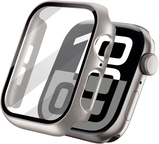 Zilverkleurige horlogekast die over een Apple Watch wordt geschoven. De horlogekast heeft een glazen voorkant.